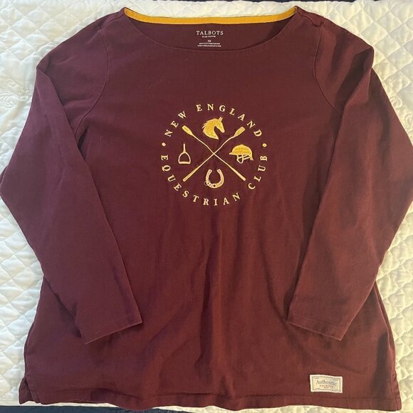 Talbots Long Sleeve T Shirt New England Equestrian Club Size XP Wine Side Slit - Picture 2 of 3